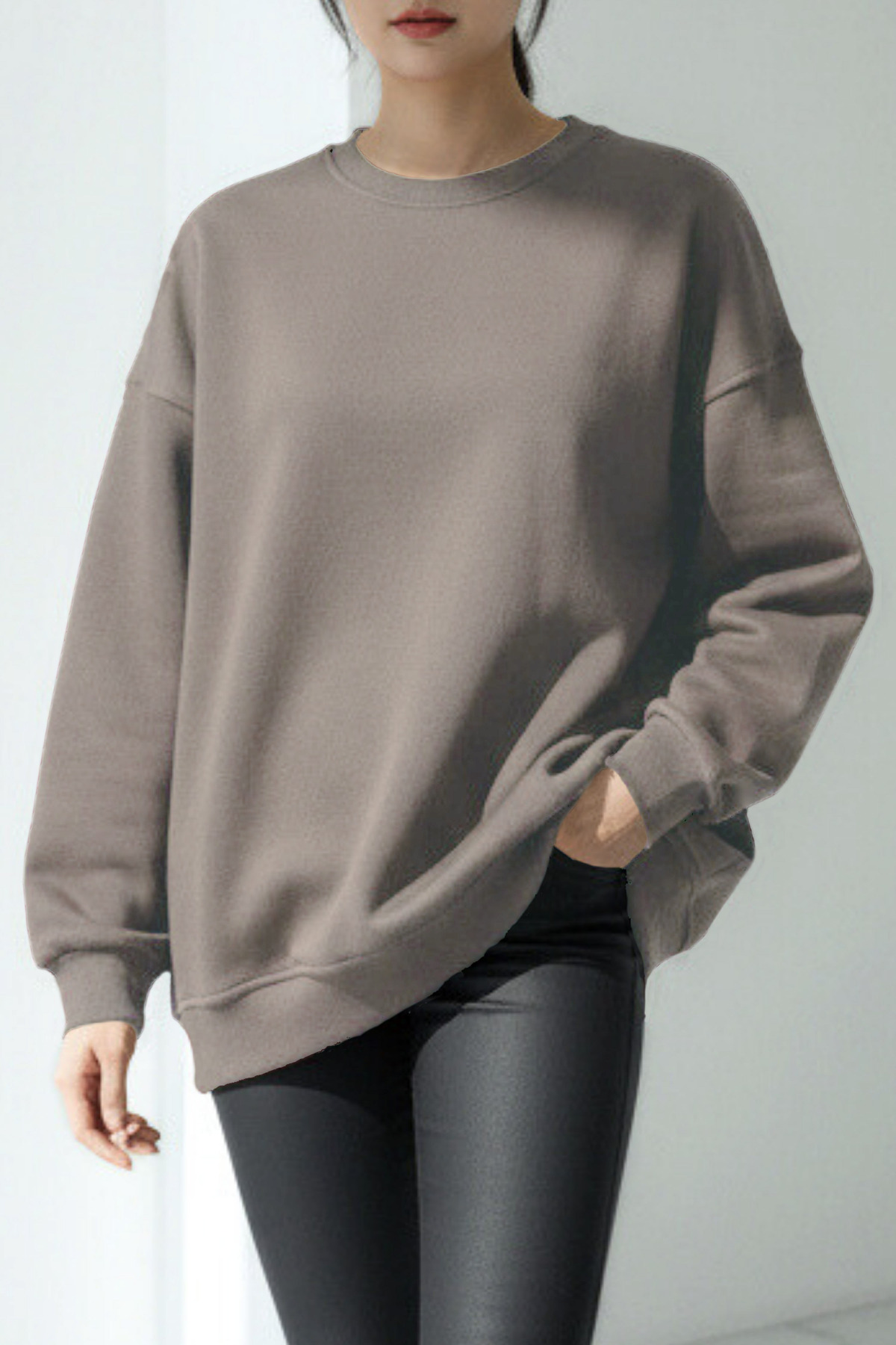 Tas Rengi Kadin Polarli Sicak Tutan Örme 3 Iplik Pamuk Basic Sweatshirt_BEDEN_XL